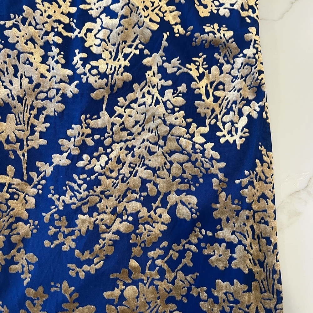 Avec Les Filles Burn Out Blue and Gold Ruched Floral Maxi Dress size L - Picture 5 of 12